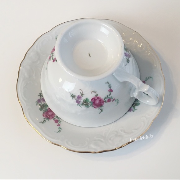 Vintage 1940’s Wawel Fine Porcelain China Poland Rose Garden Gold Trim Cup Set - Picture 10 of 16